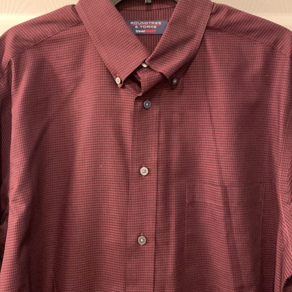 ROUNDTREE &YORK TRAVEL SMART SHIRT SZ L BLACK/BORDEAUX MICRO CHECKED COT/POLY